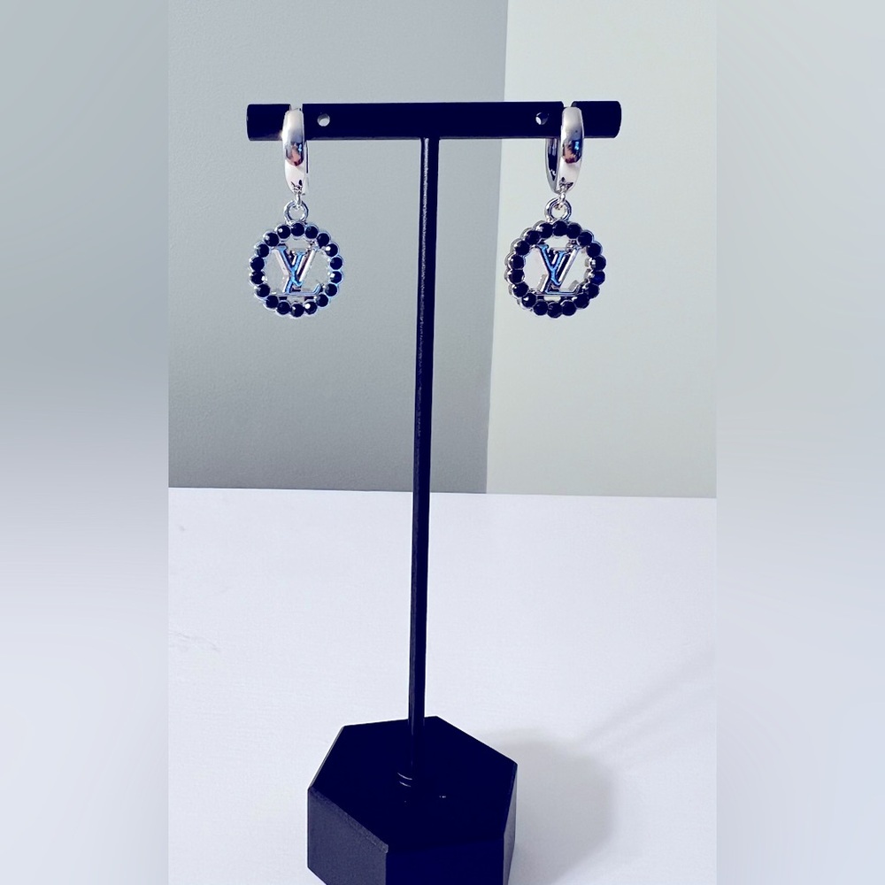 Silver and Black Crystal Dangle Charm Hoop Earrings